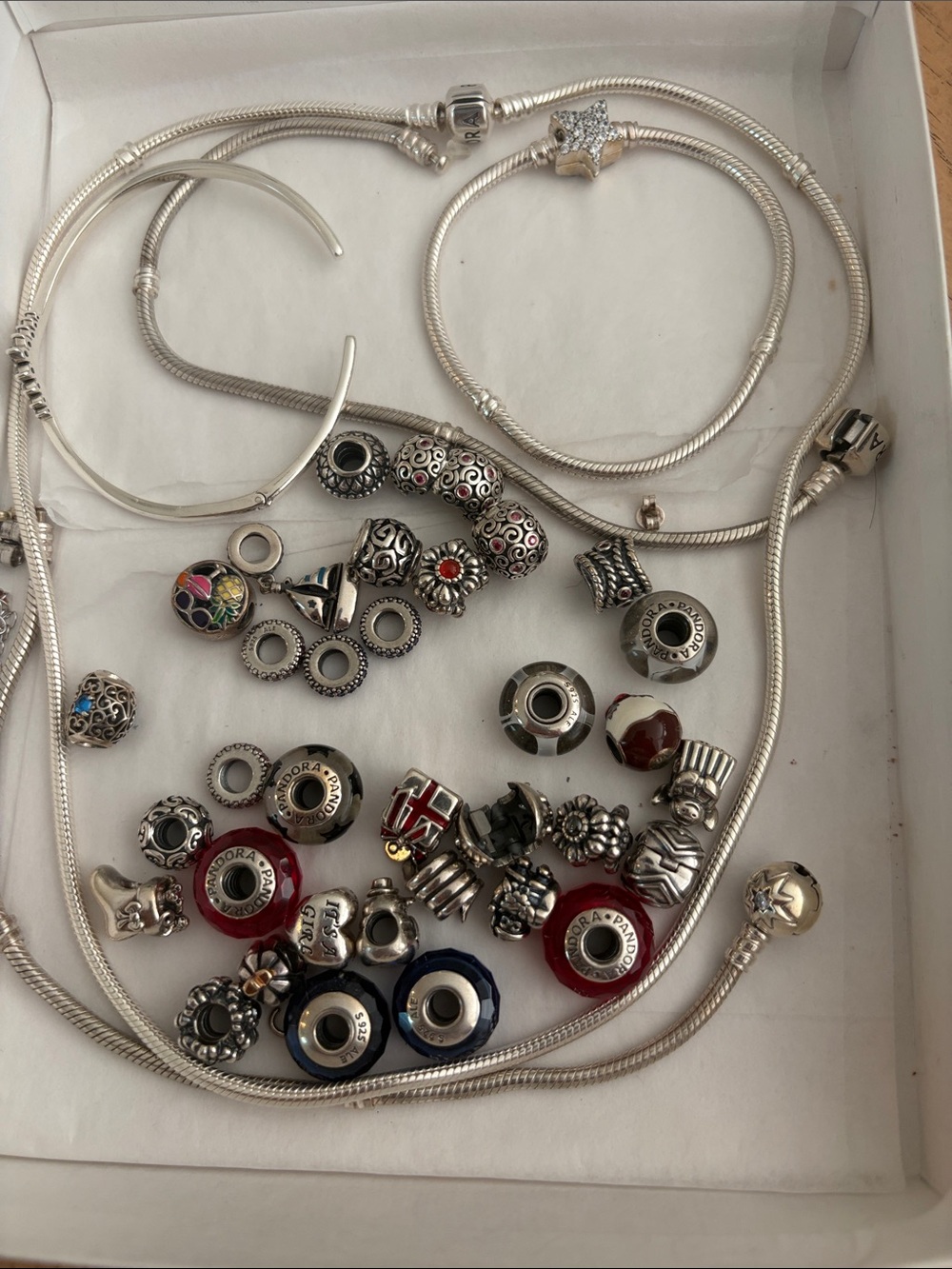 Pandora Sterling Silver Charm bundle with Red and Navy Glass Accents
